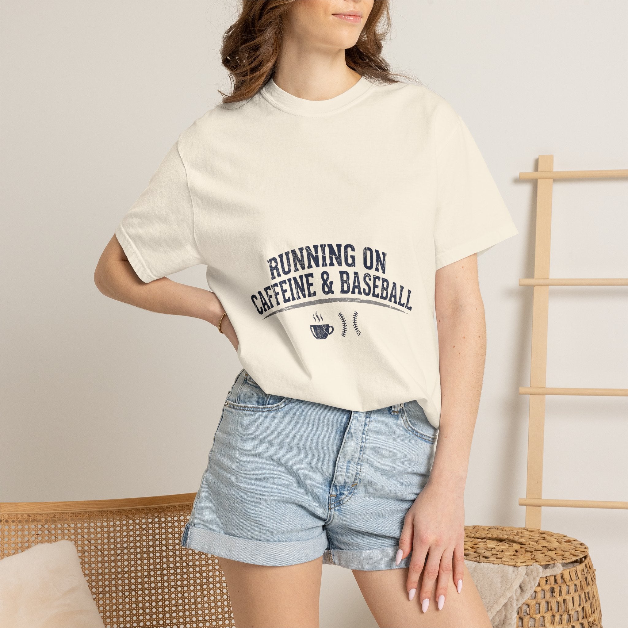 Running On Caffeine & Baseball Baseball Mom Shirt — Comfort Colors Ivory Vintage Tee